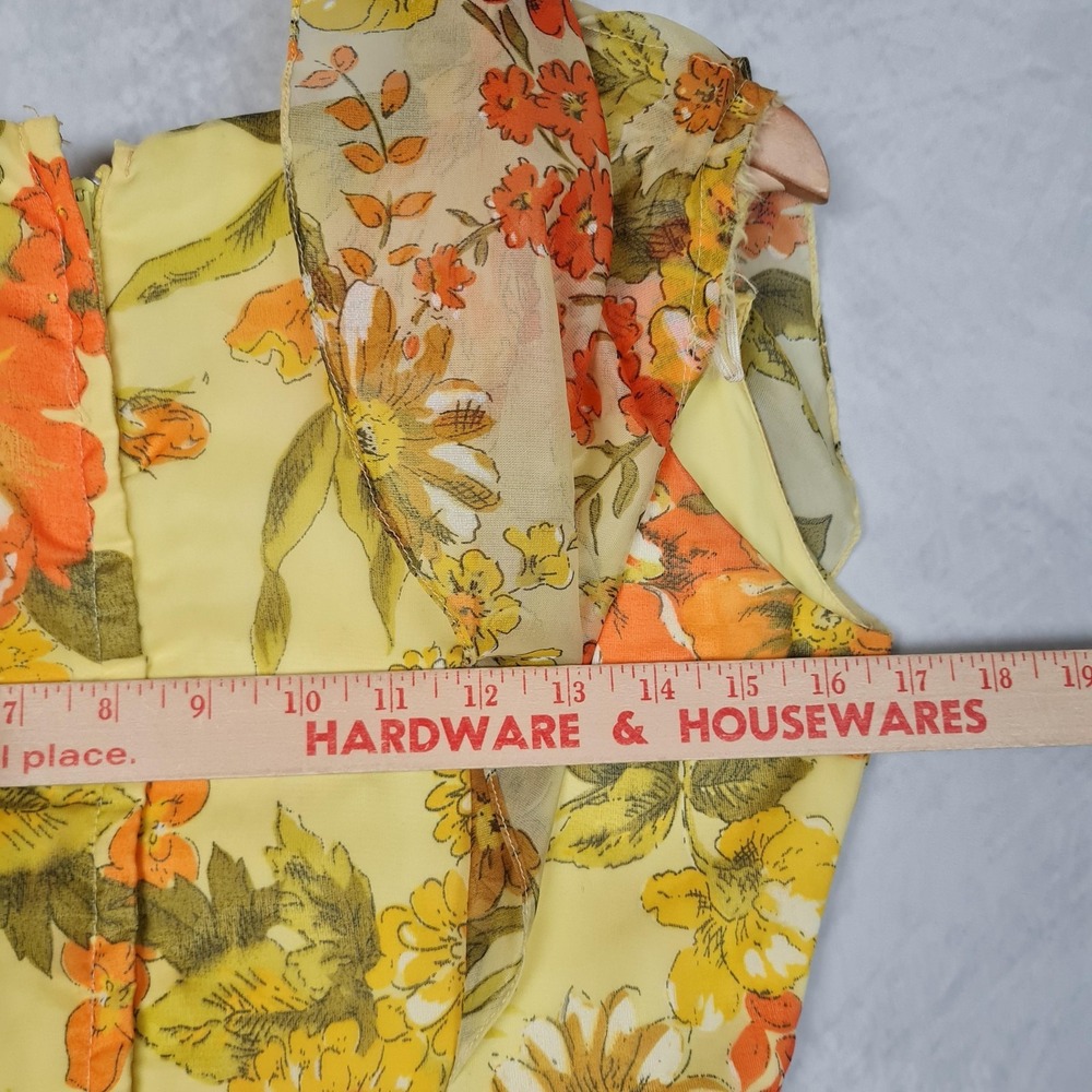 Vntg Floral Dress Jacket Womens 12 Yellow Chiffon Maxi 70s Mod Flutter Sleeve - Picture 13 of 16